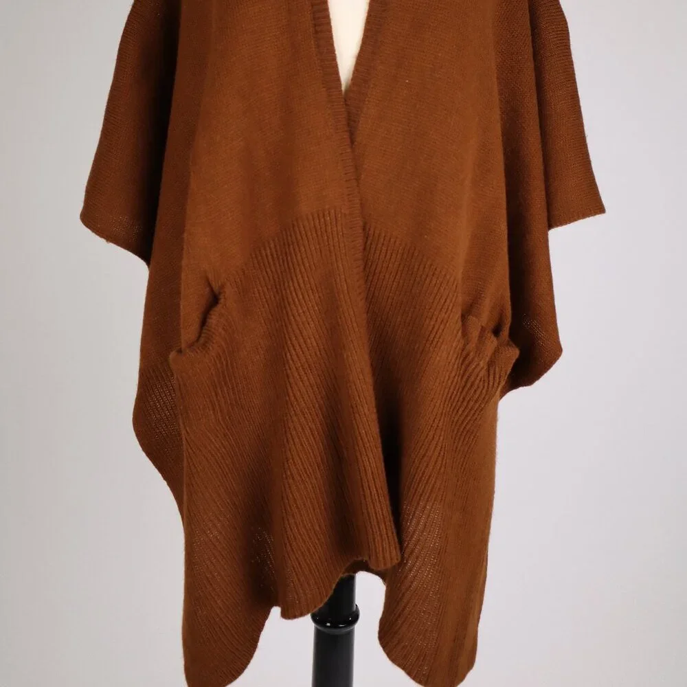 ❄️ Echo Brown Knit Poncho Cape Shawl Scarf Pockets Sweater Cardigan Wrap Warm